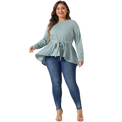 Plus Size Tops for Women Crew Neck High Low Asymmetrical Irregular Hem Casual Blouse Shirt with Belt