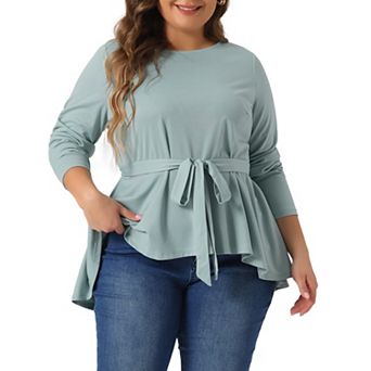 Plus Size Tops for Women Crew Neck High Low Asymmetrical Irregular Hem Casual Blouse Shirt with Belt