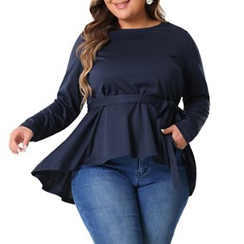 Plus Size Tops for Women Crew Neck High Low Asymmetrical Irregular Hem Casual Blouse Shirt with Belt