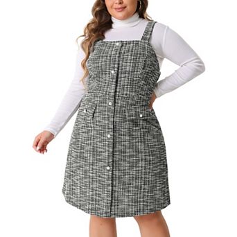 Plus Size Suspender Dresses for Women High Waist Tweed Single-Breasted Overall Dress