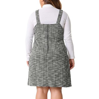 Plus Size Suspender Dresses for Women High Waist Tweed Single-Breasted Overall Dress