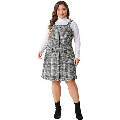 Plus Size Suspender Dresses for Women High Waist Tweed Single-Breasted Overall Dress