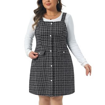 Plus Size Suspender Dresses for Women High Waist Tweed Single-Breasted Overall Dress