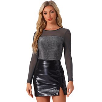 Shiny Mesh Tops for Women's Glitter Round Neck Long Sleeve Sparky Blouse