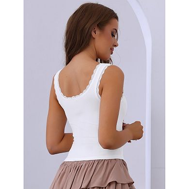 Women's Slim-Fit Lace Trim Camisoles Ribbed Square Neck Tank Top