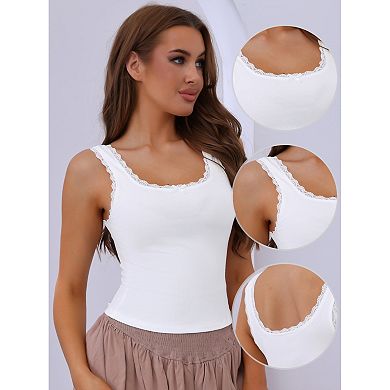 Women's Slim-Fit Lace Trim Camisoles Ribbed Square Neck Tank Top
