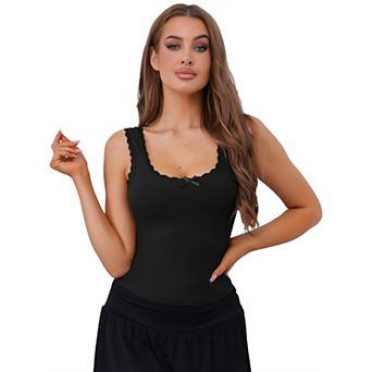 Women's Slim-Fit Lace Trim Camisoles Ribbed Square Neck Tank Top