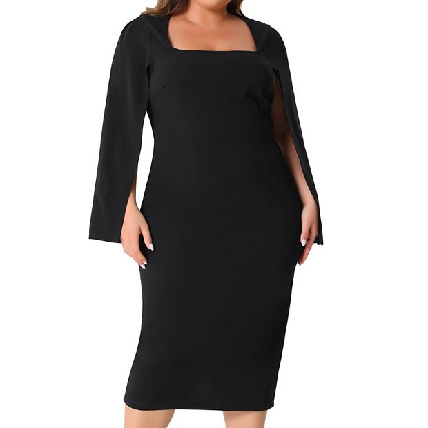 Plus Size Dress for Women Square Neck Split Long Sleeve Back Slit Bodycon  Pencil Dresses