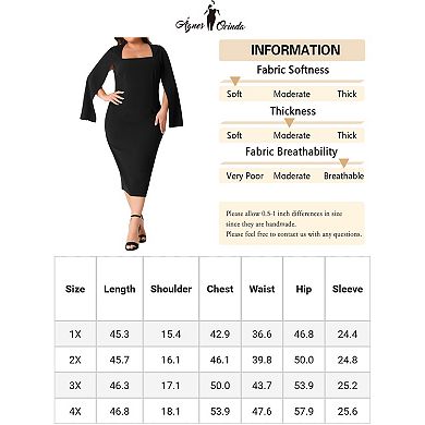 Plus Size Dress for Women Square Neck Split Long Sleeve Back Slit Bodycon Pencil Dresses