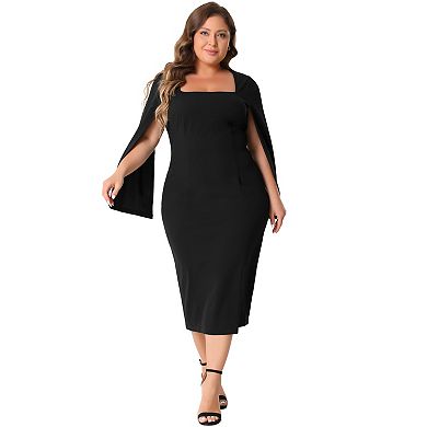 Plus Size Dress for Women Square Neck Split Long Sleeve Back Slit Bodycon Pencil Dresses