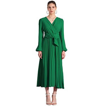 Elegant Pleated Dress for Women's Cross V Neck Puffy Sleeve Tie Waist A-Line Dresses