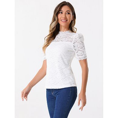 Floral Lace Top for Women's Mock Neck Puffy Short Sleeve Dressy Elegant Lace Blouse Tops