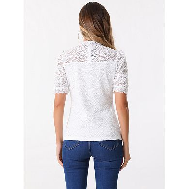 Floral Lace Top for Women's Mock Neck Puffy Short Sleeve Dressy Elegant Lace Blouse Tops