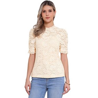 Floral Lace Top for Women's Mock Neck Puffy Short Sleeve Dressy Elegant Lace Blouse Tops