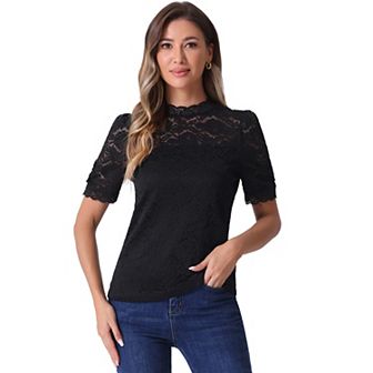 Floral Lace Top for Women's Mock Neck Puffy Short Sleeve Dressy Elegant Lace Blouse Tops