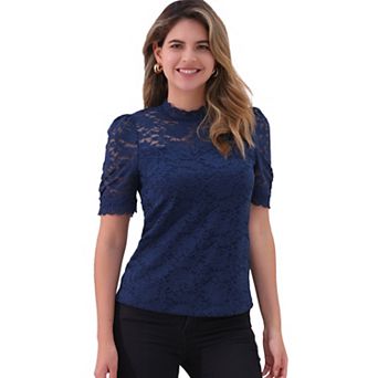 Floral Lace Top for Women's Mock Neck Puffy Short Sleeve Dressy Elegant Lace Blouse Tops