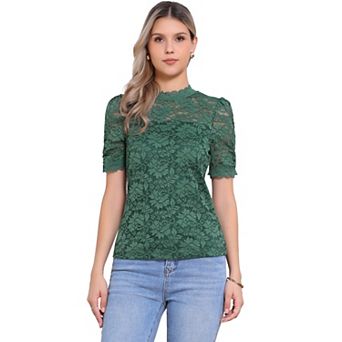 Floral Lace Top for Women's Mock Neck Puffy Short Sleeve Dressy Elegant Lace Blouse Tops