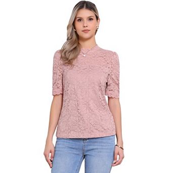 Floral Lace Top for Women's Mock Neck Puffy Short Sleeve Dressy Elegant Lace Blouse Tops