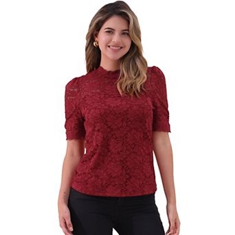 Floral Lace Top for Women's Mock Neck Puffy Short Sleeve Dressy Elegant Lace Blouse Tops