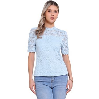 Floral Lace Top for Women's Mock Neck Puffy Short Sleeve Dressy Elegant Lace Blouse Tops