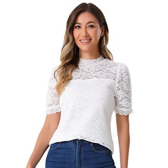 Floral Lace Top for Women's Mock Neck Puffy Short Sleeve Dressy Elegant Lace Blouse Tops