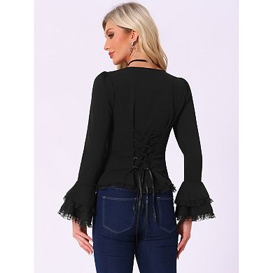 Flare Bell Sleeve Tops for Women's Lace Square Neck Button Down Shirts