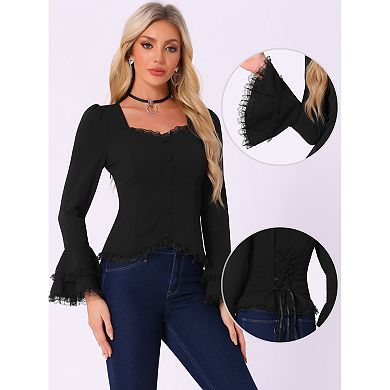 Flare Bell Sleeve Tops for Women's Lace Square Neck Button Down Shirts