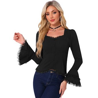 Flare Bell Sleeve Tops for Women's Lace Square Neck Button Down Shirts