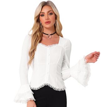 Flare Bell Sleeve Tops for Women's Lace Square Neck Button Down Shirts