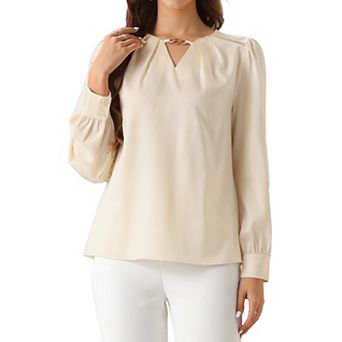 Satin Blouse for Women's V Neck Puffy Long Sleeve Pleated Silky Blouses Top