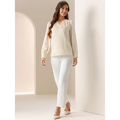 Satin Blouse for Women's V Neck Puffy Long Sleeve Pleated Silky Blouses Top