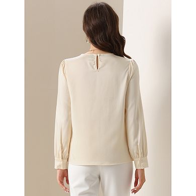 Satin Blouse for Women's V Neck Puffy Long Sleeve Pleated Silky Blouses Top