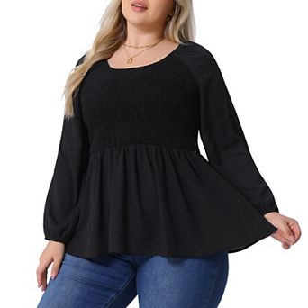 Plus Size Top for Women Smocked Peplum Crew Neck Long Sleeve Babydoll Chiffon Shirt Tops