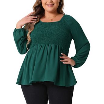 Plus Size Top for Women Smocked Peplum Crew Neck Long Sleeve Babydoll Chiffon Shirt Tops