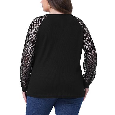 Plus Size Top for Women Lace Crew Neck Long Sleeve Casual Loose Blouses T Shirts