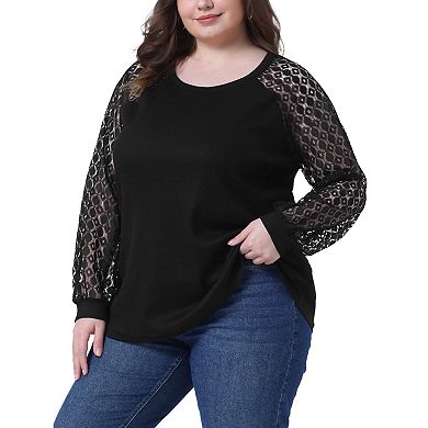 Plus Size Top for Women Lace Crew Neck Long Sleeve Casual Loose Blouses T Shirts