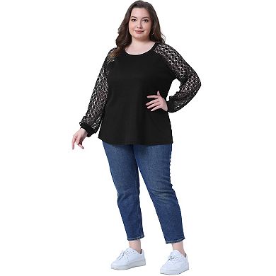Plus Size Top for Women Lace Crew Neck Long Sleeve Casual Loose Blouses T Shirts