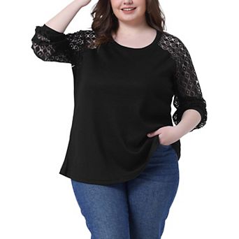 Plus Size Top for Women Lace Crew Neck Long Sleeve Casual Loose Blouses T Shirts