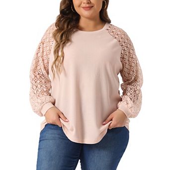 Plus Size Top for Women Lace Crew Neck Long Sleeve Casual Loose Blouses T Shirts