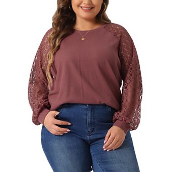 Plus Size Top for Women Lace Crew Neck Long Sleeve Casual Loose Blouses T Shirts