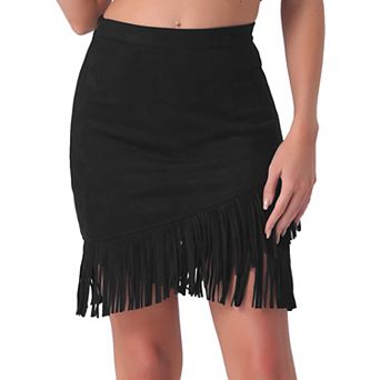 Women's Faux Suede Skirt Stretch Fringe Trim High Waist Vintage Casual Mini Skirts