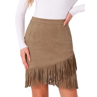 Women's Faux Suede Skirt Stretch Fringe Trim High Waist Vintage Casual Mini Skirts