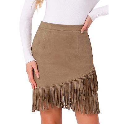 Women's Faux Suede Skirt Stretch Fringe Trim High Waist Vintage