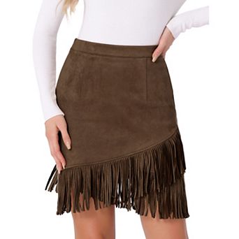 Women's Faux Suede Skirt Stretch Fringe Trim High Waist Vintage Casual Mini Skirts