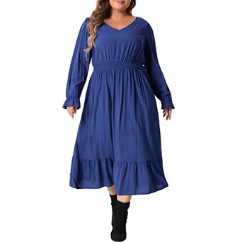 Plus Size Women's Elegant Dresses Long Sleeve High Waist Ruffle Hem Casual Long Dress with Pockets