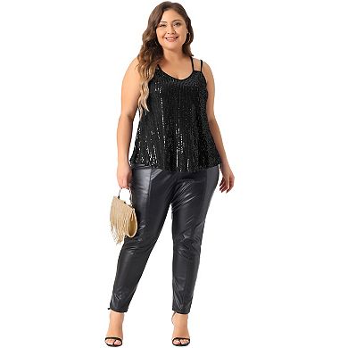 Plus Size Sequin Tops for Women Metallic Sparkle Sleeveless Spaghetti Strap Cami Party Tank Tops