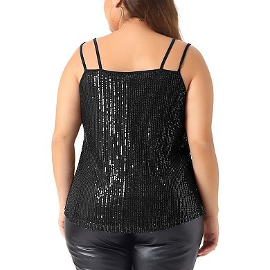 Plus Size Sequin Tops for Women Metallic Sparkle Sleeveless Spaghetti Strap Cami Party Tank Tops
