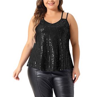 Plus Size Sequin Tops for Women Metallic Sparkle Sleeveless Spaghetti Strap Cami Party Tank Tops
