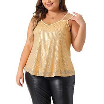Plus Size Sequin Tops for Women Metallic Sparkle Sleeveless Spaghetti Strap Cami Party Tank Tops
