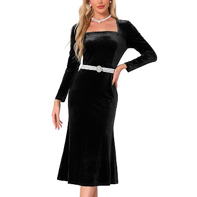 Velvet Dress for Women's Square Neck Long Sleeve Cocktail Mermaid Bodycon Midi  Dresses